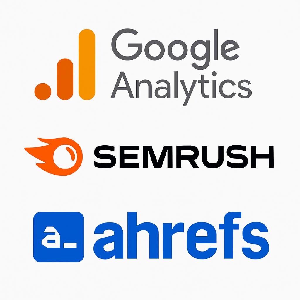 Seo tools logos, Google Analytics, semrush,ahrefs